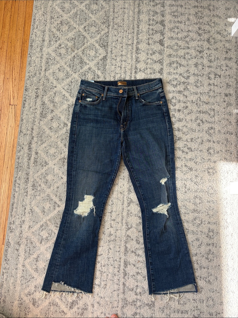 MOTHER Dark Blue Distressed Cropped Flare Jeans